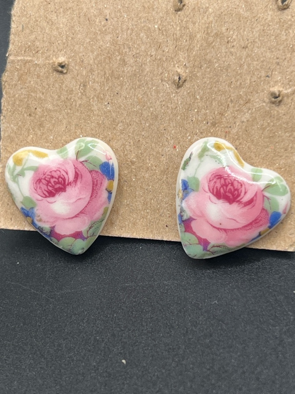 Vintage Pink Rose Heart Porcelain Earrings